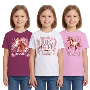 Personalised Multipack Girls Horse T Shirts Custom Name Kids' Graphic T-shirts Purple Print House