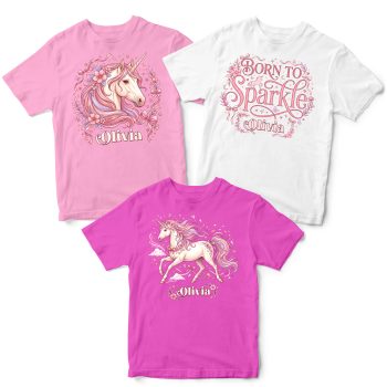 Personalised Multipack Girls Unicorn T Shirts 3 Pack Kids' Graphic T-shirts Purple Print House