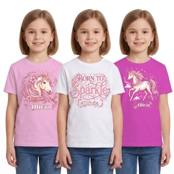 Personalised Multipack Girls Unicorn T Shirts 3 Pack Kids' Graphic T-shirts Purple Print House