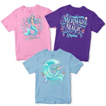 Personalised Multipack Girls Mermaid T Shirts Custom Name Kids' Graphic T-shirts Purple Print House