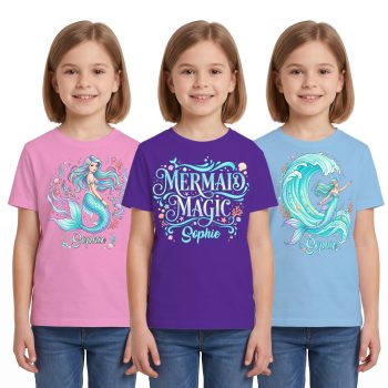 Personalised Multipack Girls Mermaid T Shirts Custom Name Kids' Graphic T-shirts Purple Print House
