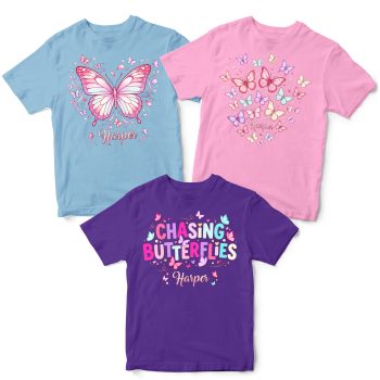 Personalised Multipack Butterfly Girls T Shirts Name Kids' Graphic T-shirts Purple Print House
