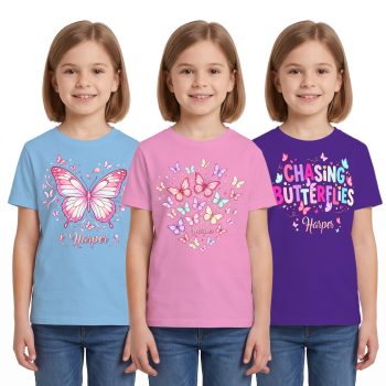 Personalised Multipack Butterfly Girls T Shirts Name Kids' Graphic T-shirts Purple Print House